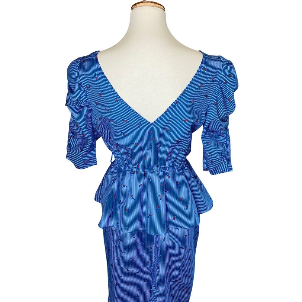 Floral Blue Pinstripe Peplum Dress - Picture 3 of 6